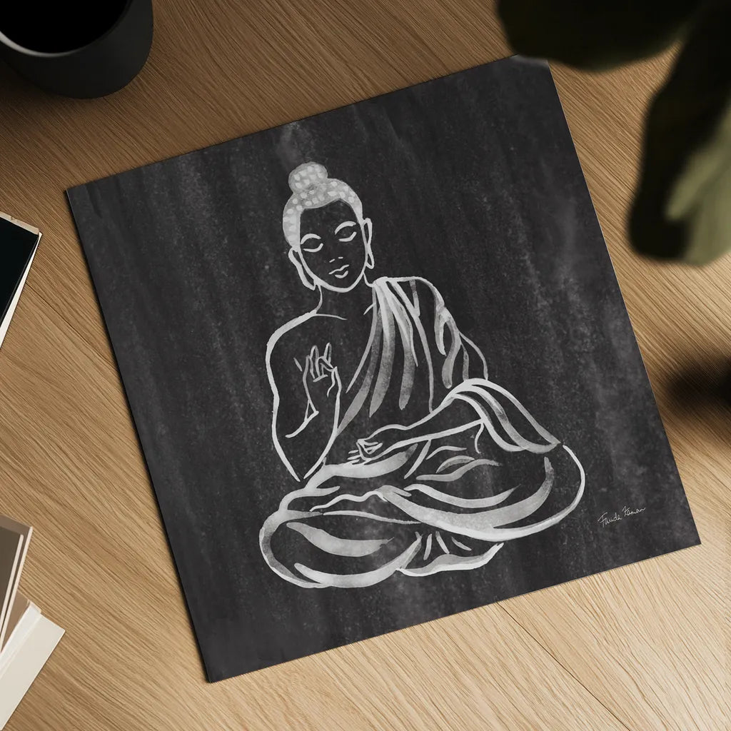 Buddha Gray by Farida Zaman. Shown as a detailed flat fine art print, highlighting archival giclee quality. Available as an archival giclee rolled canvas, fine art paper, or poster print. SKU 68206a.