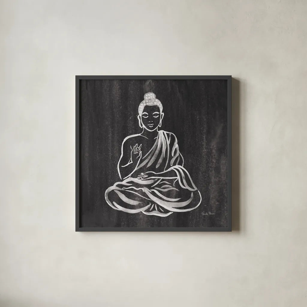 Buddha Gray by Farida Zaman. Shown in a sleek black glass frame for a contemporary gallery look. Available as an archival giclee rolled canvas, fine art paper, or poster print. SKU 68206a.