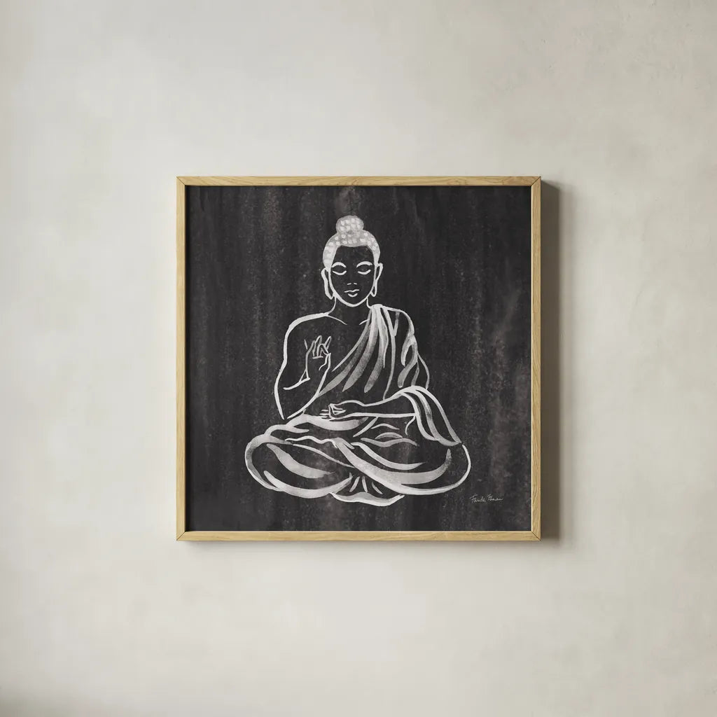 Buddha Gray by Farida Zaman. Shown in a natural wood glass frame for a timeless modern aesthetic. Available as an archival giclee rolled canvas, fine art paper, or poster print. SKU 68206a.
