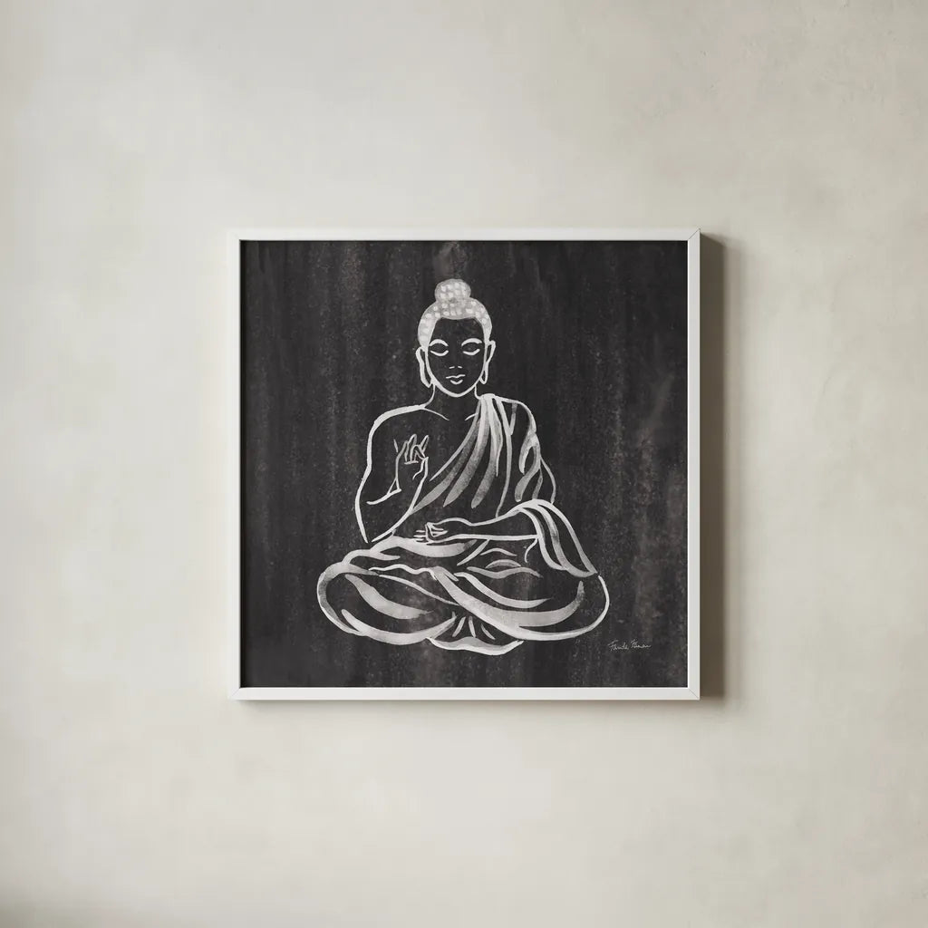 Buddha Gray by Farida Zaman. Shown in a crisp white glass frame for a clean and minimalist style. Available as an archival giclee rolled canvas, fine art paper, or poster print. SKU 68206a.