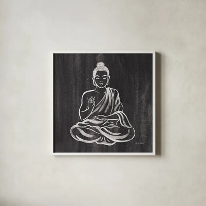 Buddha Gray by Farida Zaman. Shown in a crisp white glass frame for a clean and minimalist style. Available as an archival giclee rolled canvas, fine art paper, or poster print. SKU 68206a.