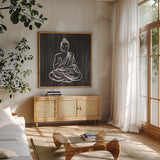 Buddha Gray by Farida Zaman. Shown in a natural wood frame in a cozy modern living room. Available as an archival giclee rolled canvas, fine art paper, or poster print. SKU 68206a.
