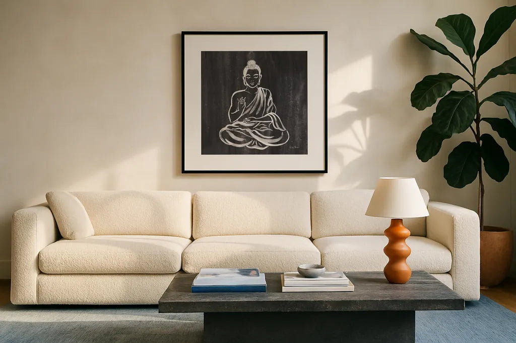 Buddha Gray by Farida Zaman. Displayed in a glass frame with matte in a clean modern living room. Available as an archival giclee rolled canvas, fine art paper, or poster print. SKU 68206a.
