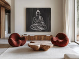 Buddha Gray by Farida Zaman. Shown as extra-large giant wall art in a modern living room. Available as an archival giclee rolled canvas, fine art paper, or poster print. SKU 68206a.