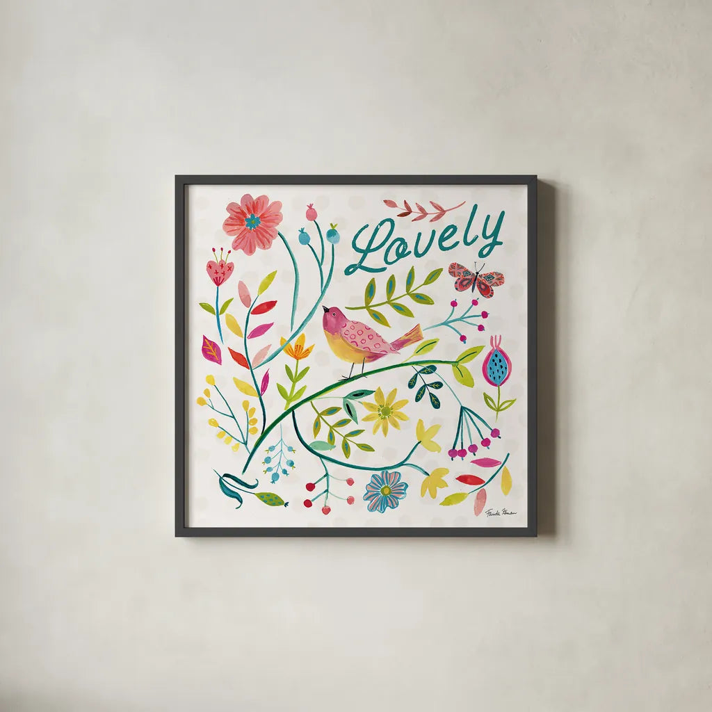 Budding Beauty II by Farida Zaman. Shown in a sleek black glass frame for a contemporary gallery look. Available as an archival giclee rolled canvas, fine art paper, or poster print. SKU 53809a.