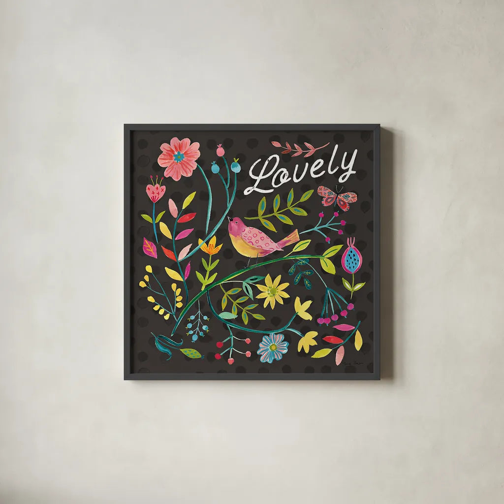 Budding Beauty II Dark by Farida Zaman. Shown in a sleek black glass frame for a contemporary gallery look. Available as an archival giclee rolled canvas, fine art paper, or poster print. SKU 53814a.