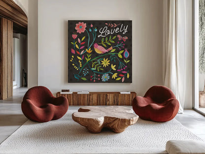 Budding Beauty II Dark by Farida Zaman. Shown as extra-large giant wall art in a modern living room. Available as an archival giclee rolled canvas, fine art paper, or poster print. SKU 53814a.