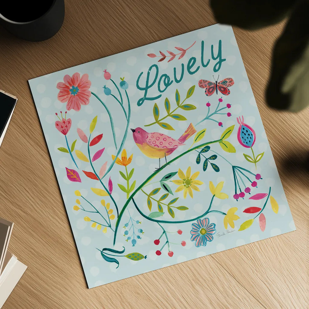 Budding Beauty II Light Blue by Farida Zaman. Shown as a detailed flat fine art print, highlighting archival giclee quality. Available as an archival giclee rolled canvas, fine art paper, or poster print. SKU 54295a.