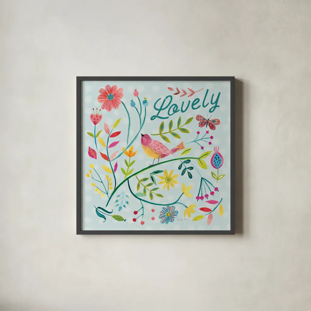 Budding Beauty II Light Blue by Farida Zaman. Shown in a sleek black glass frame for a contemporary gallery look. Available as an archival giclee rolled canvas, fine art paper, or poster print. SKU 54295a.