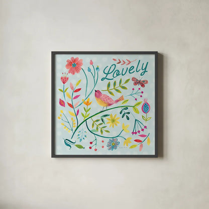 Budding Beauty II Light Blue by Farida Zaman. Shown in a sleek black glass frame for a contemporary gallery look. Available as an archival giclee rolled canvas, fine art paper, or poster print. SKU 54295a.