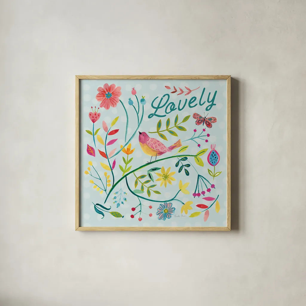 Budding Beauty II Light Blue by Farida Zaman. Shown in a natural wood glass frame for a timeless modern aesthetic. Available as an archival giclee rolled canvas, fine art paper, or poster print. SKU 54295a.