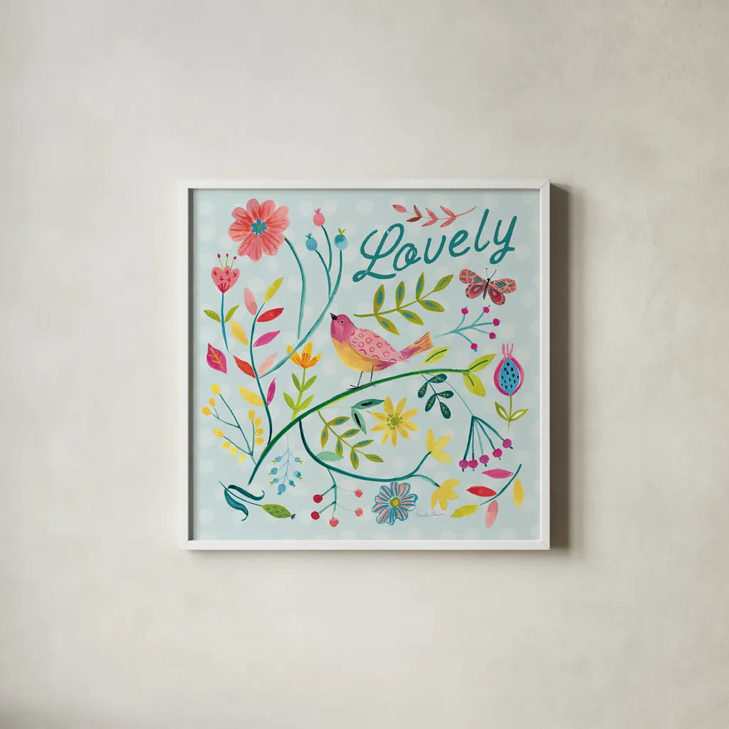 Budding Beauty II Light Blue by Farida Zaman. Shown in a crisp white glass frame for a clean and minimalist style. Available as an archival giclee rolled canvas, fine art paper, or poster print. SKU 54295a.