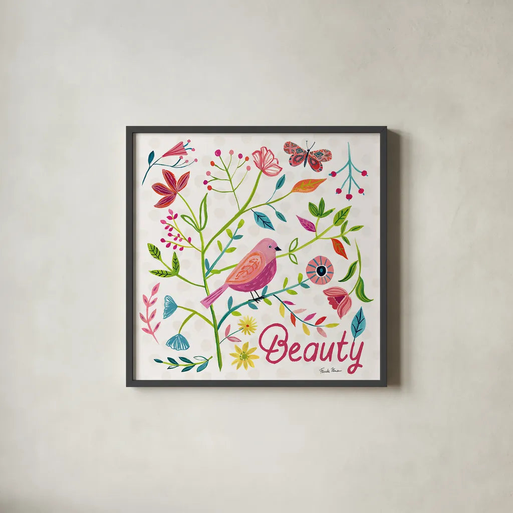 Budding Beauty III by Farida Zaman. Shown in a sleek black glass frame for a contemporary gallery look. Available as an archival giclee rolled canvas, fine art paper, or poster print. SKU 53810a.