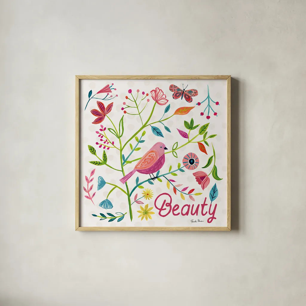 Budding Beauty III by Farida Zaman. Shown in a natural wood glass frame for a timeless modern aesthetic. Available as an archival giclee rolled canvas, fine art paper, or poster print. SKU 53810a.