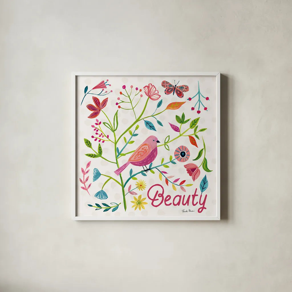 Budding Beauty III by Farida Zaman. Shown in a crisp white glass frame for a clean and minimalist style. Available as an archival giclee rolled canvas, fine art paper, or poster print. SKU 53810a.