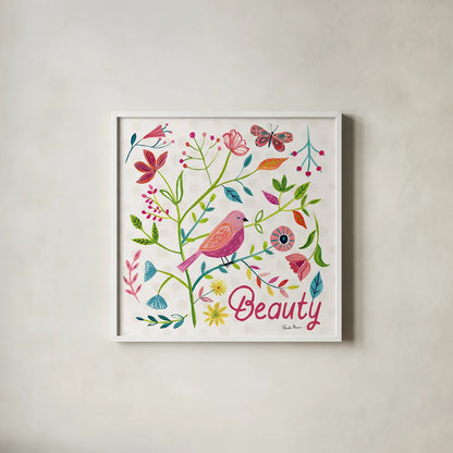 Budding Beauty III by Farida Zaman. Shown in a crisp white glass frame for a clean and minimalist style. Available as an archival giclee rolled canvas, fine art paper, or poster print. SKU 53810a.