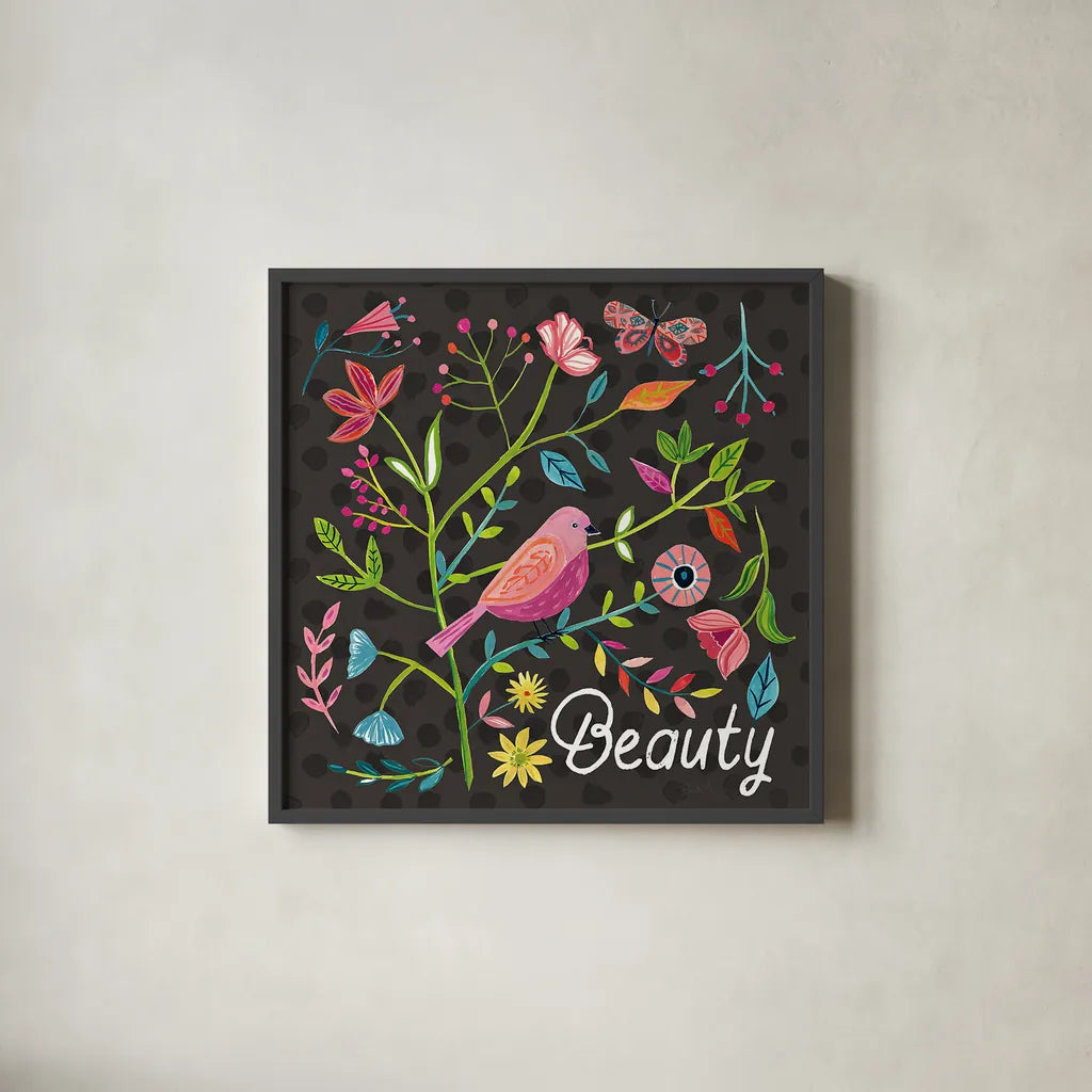 Budding Beauty III Dark by Farida Zaman. Shown in a sleek black glass frame for a contemporary gallery look. Available as an archival giclee rolled canvas, fine art paper, or poster print. SKU 53815a.