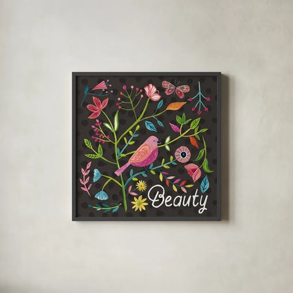 Budding Beauty III Dark by Farida Zaman. Shown in a sleek black glass frame for a contemporary gallery look. Available as an archival giclee rolled canvas, fine art paper, or poster print. SKU 53815a.