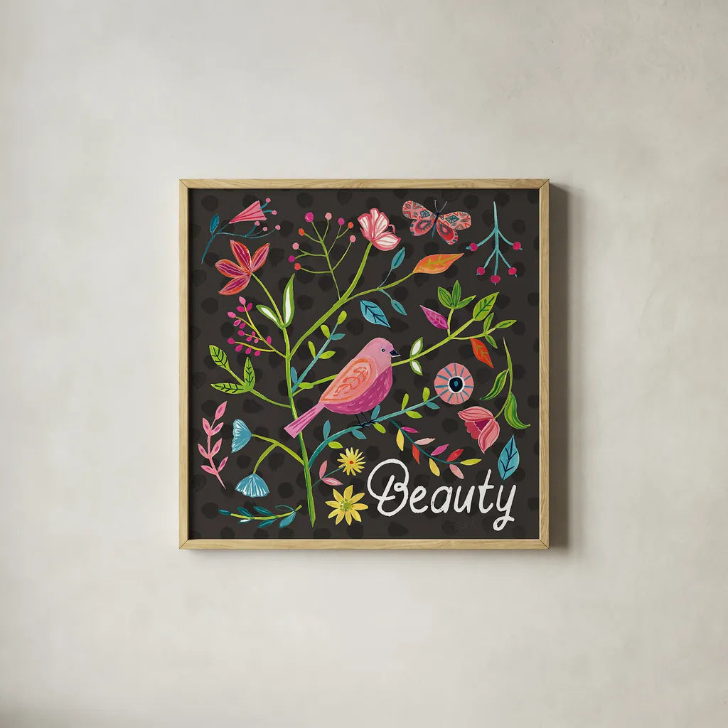 Budding Beauty III Dark by Farida Zaman. Shown in a natural wood glass frame for a timeless modern aesthetic. Available as an archival giclee rolled canvas, fine art paper, or poster print. SKU 53815a.