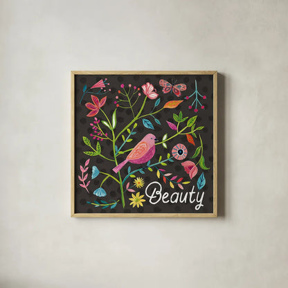 Budding Beauty III Dark by Farida Zaman. Shown in a natural wood glass frame for a timeless modern aesthetic. Available as an archival giclee rolled canvas, fine art paper, or poster print. SKU 53815a.