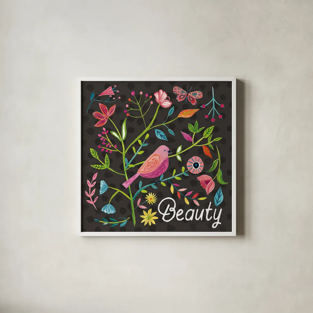 Budding Beauty III Dark by Farida Zaman. Shown in a crisp white glass frame for a clean and minimalist style. Available as an archival giclee rolled canvas, fine art paper, or poster print. SKU 53815a.