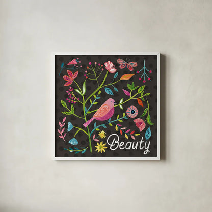 Budding Beauty III Dark by Farida Zaman. Shown in a crisp white glass frame for a clean and minimalist style. Available as an archival giclee rolled canvas, fine art paper, or poster print. SKU 53815a.