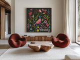Budding Beauty III Dark by Farida Zaman. Shown as extra-large giant wall art in a modern living room. Available as an archival giclee rolled canvas, fine art paper, or poster print. SKU 53815a.
