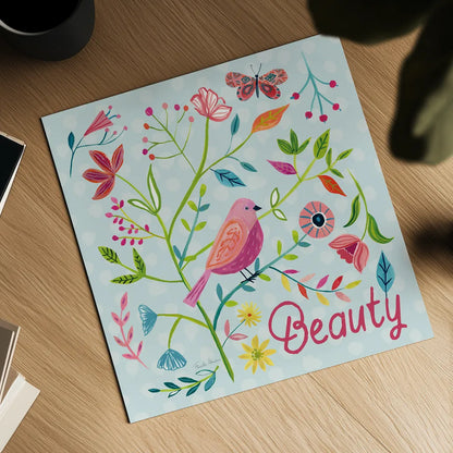 Budding Beauty III Light Blue by Farida Zaman. Shown as a detailed flat fine art print, highlighting archival giclee quality. Available as an archival giclee rolled canvas, fine art paper, or poster print. SKU 54296a.