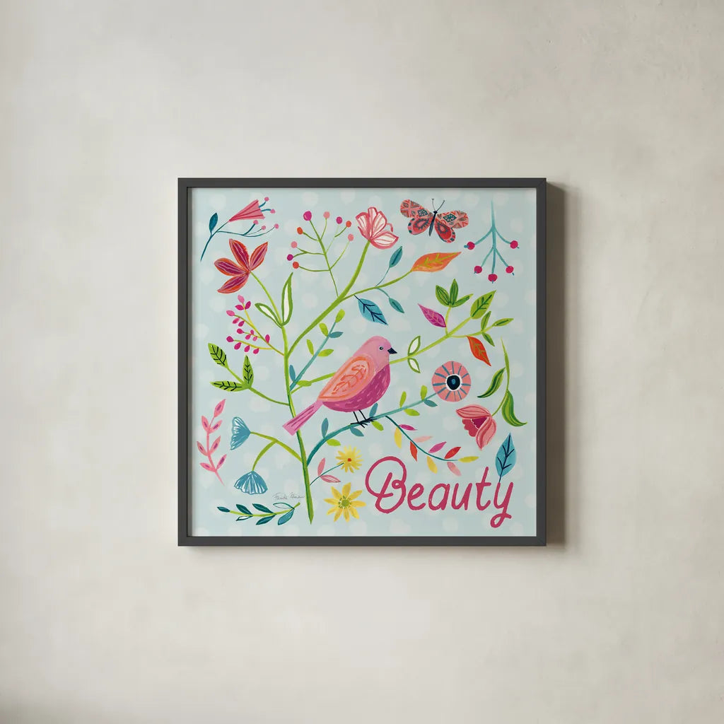 Budding Beauty III Light Blue by Farida Zaman. Shown in a sleek black glass frame for a contemporary gallery look. Available as an archival giclee rolled canvas, fine art paper, or poster print. SKU 54296a.