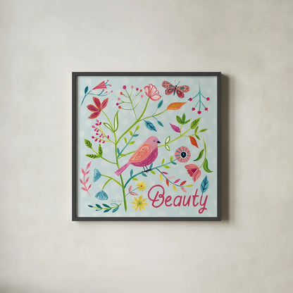 Budding Beauty III Light Blue by Farida Zaman. Shown in a sleek black glass frame for a contemporary gallery look. Available as an archival giclee rolled canvas, fine art paper, or poster print. SKU 54296a.