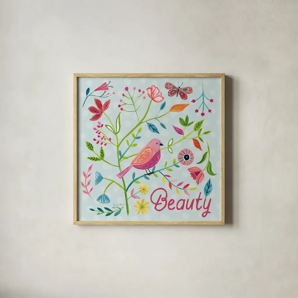 Budding Beauty III Light Blue by Farida Zaman. Shown in a natural wood glass frame for a timeless modern aesthetic. Available as an archival giclee rolled canvas, fine art paper, or poster print. SKU 54296a.