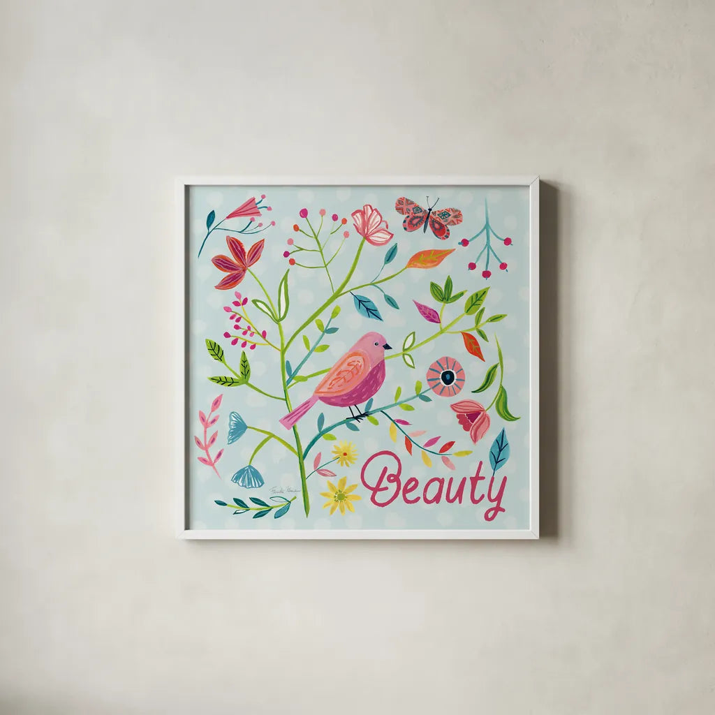 Budding Beauty III Light Blue by Farida Zaman. Shown in a crisp white glass frame for a clean and minimalist style. Available as an archival giclee rolled canvas, fine art paper, or poster print. SKU 54296a.