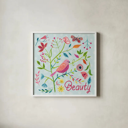 Budding Beauty III Light Blue by Farida Zaman. Shown in a crisp white glass frame for a clean and minimalist style. Available as an archival giclee rolled canvas, fine art paper, or poster print. SKU 54296a.