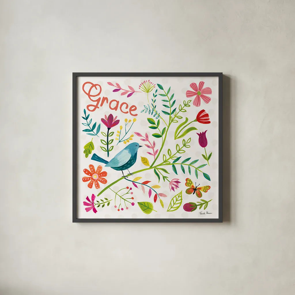 Budding Beauty IV by Farida Zaman. Shown in a sleek black glass frame for a contemporary gallery look. Available as an archival giclee rolled canvas, fine art paper, or poster print. SKU 53811a.