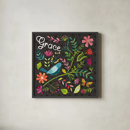 Budding Beauty IV Dark by Farida Zaman. Shown in a sleek black glass frame for a contemporary gallery look. Available as an archival giclee rolled canvas, fine art paper, or poster print. SKU 53816a.