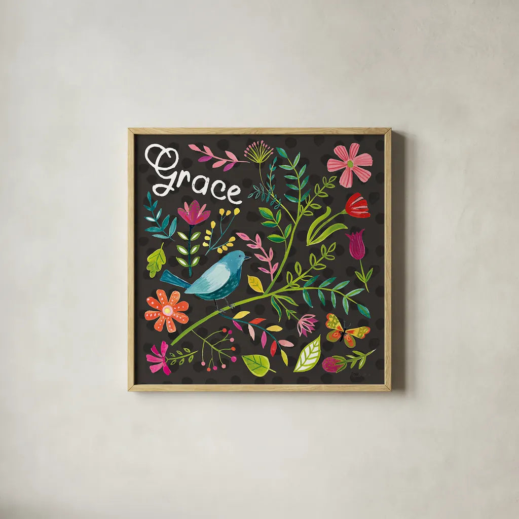 Budding Beauty IV Dark by Farida Zaman. Shown in a natural wood glass frame for a timeless modern aesthetic. Available as an archival giclee rolled canvas, fine art paper, or poster print. SKU 53816a.