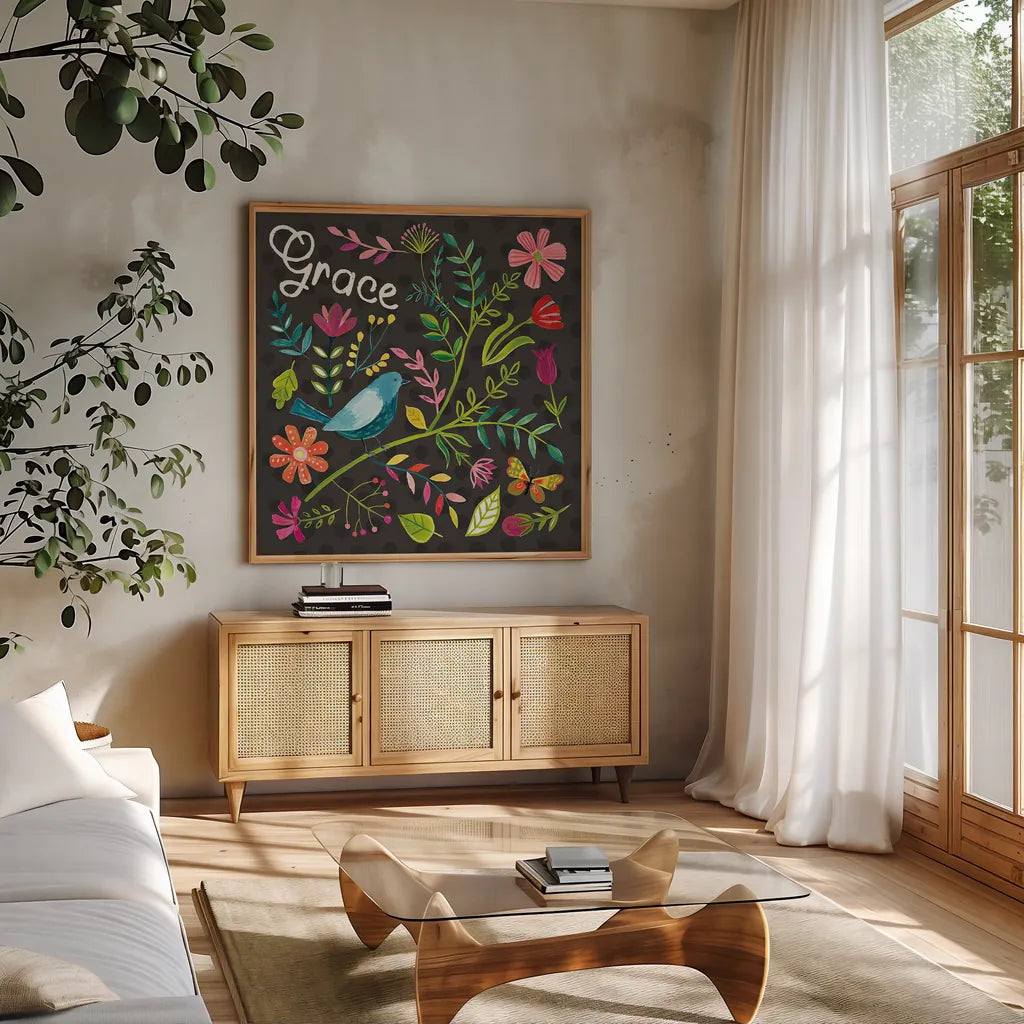 Budding Beauty IV Dark by Farida Zaman. Shown in a natural wood frame in a cozy modern living room. Available as an archival giclee rolled canvas, fine art paper, or poster print. SKU 53816a.