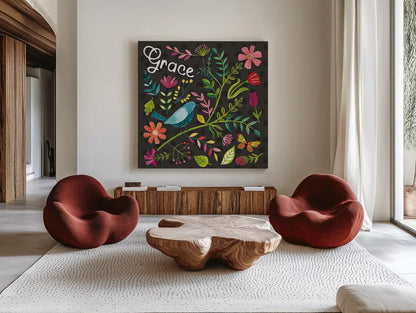 Budding Beauty IV Dark by Farida Zaman. Shown as extra-large giant wall art in a modern living room. Available as an archival giclee rolled canvas, fine art paper, or poster print. SKU 53816a.