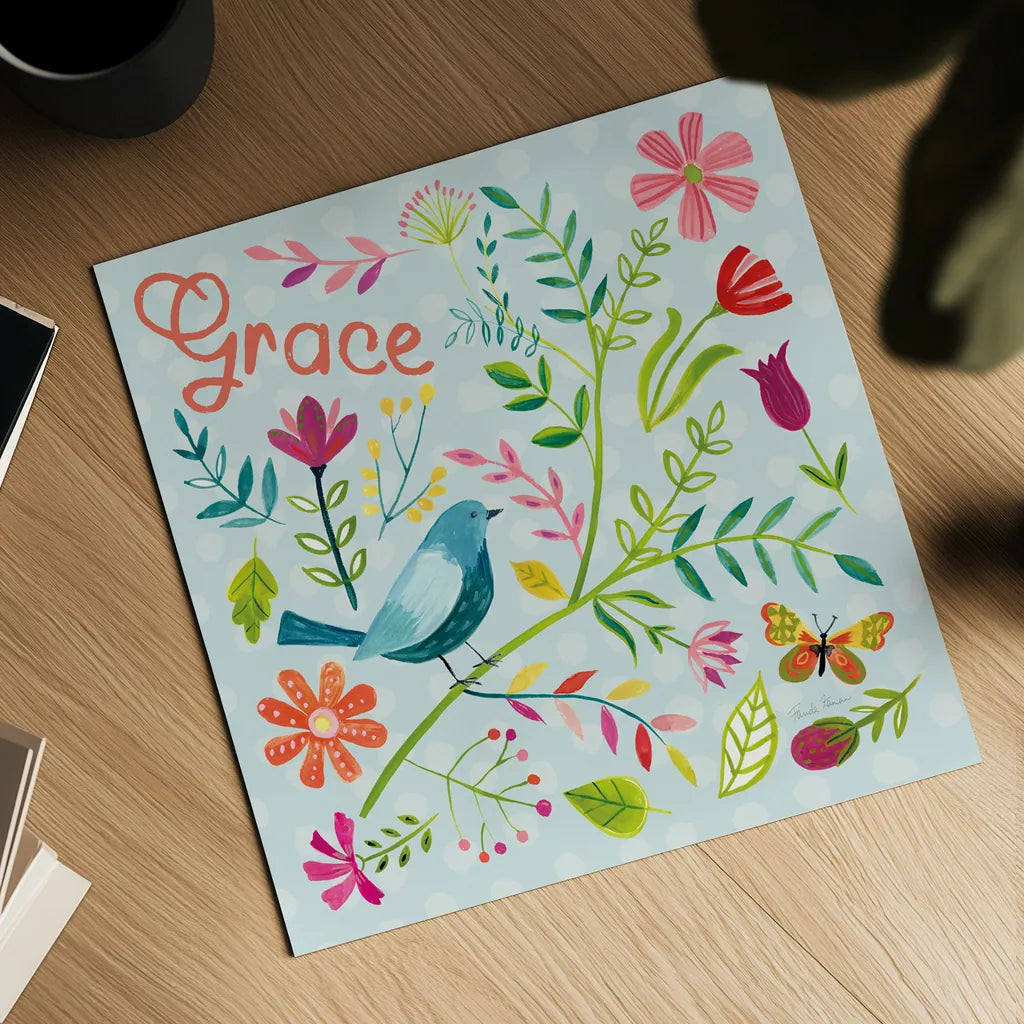 Budding Beauty IV Light Blue by Farida Zaman. Shown as a detailed flat fine art print, highlighting archival giclee quality. Available as an archival giclee rolled canvas, fine art paper, or poster print. SKU 54297a.