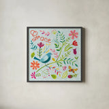 Budding Beauty IV Light Blue by Farida Zaman. Shown in a sleek black glass frame for a contemporary gallery look. Available as an archival giclee rolled canvas, fine art paper, or poster print. SKU 54297a.
