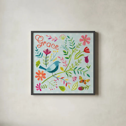 Budding Beauty IV Light Blue by Farida Zaman. Shown in a sleek black glass frame for a contemporary gallery look. Available as an archival giclee rolled canvas, fine art paper, or poster print. SKU 54297a.