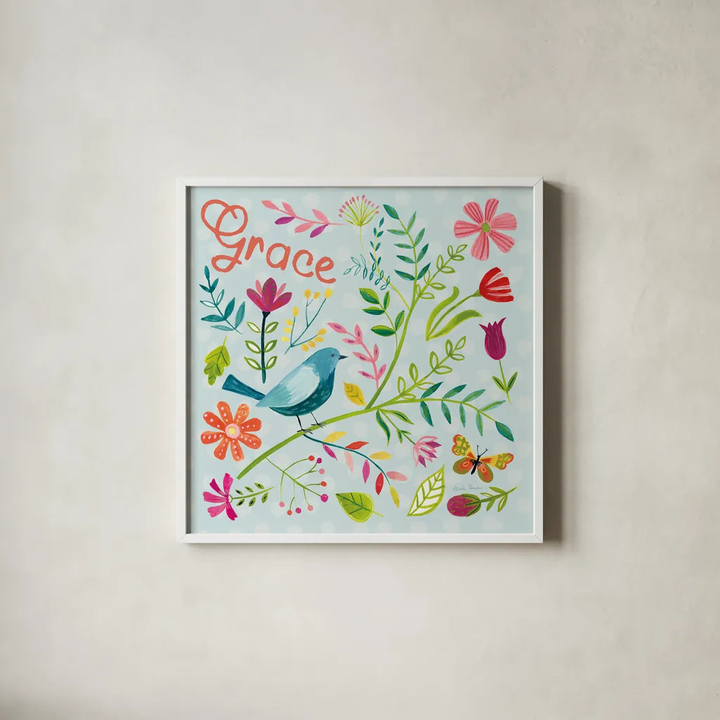 Budding Beauty IV Light Blue by Farida Zaman. Shown in a crisp white glass frame for a clean and minimalist style. Available as an archival giclee rolled canvas, fine art paper, or poster print. SKU 54297a.