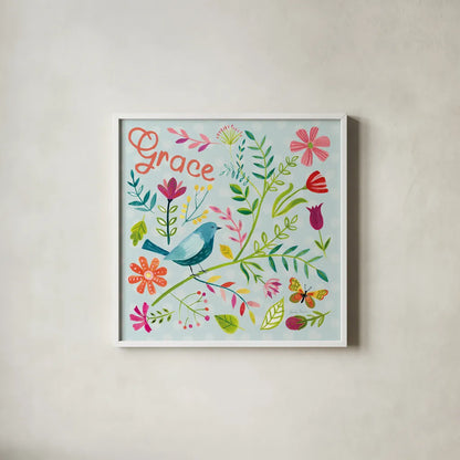 Budding Beauty IV Light Blue by Farida Zaman. Shown in a crisp white glass frame for a clean and minimalist style. Available as an archival giclee rolled canvas, fine art paper, or poster print. SKU 54297a.