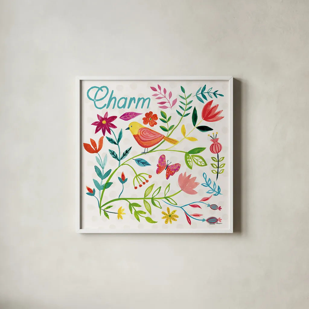 Budding Beauty V by Farida Zaman. Shown in a crisp white glass frame for a clean and minimalist style. Available as an archival giclee rolled canvas, fine art paper, or poster print. SKU 53812a.