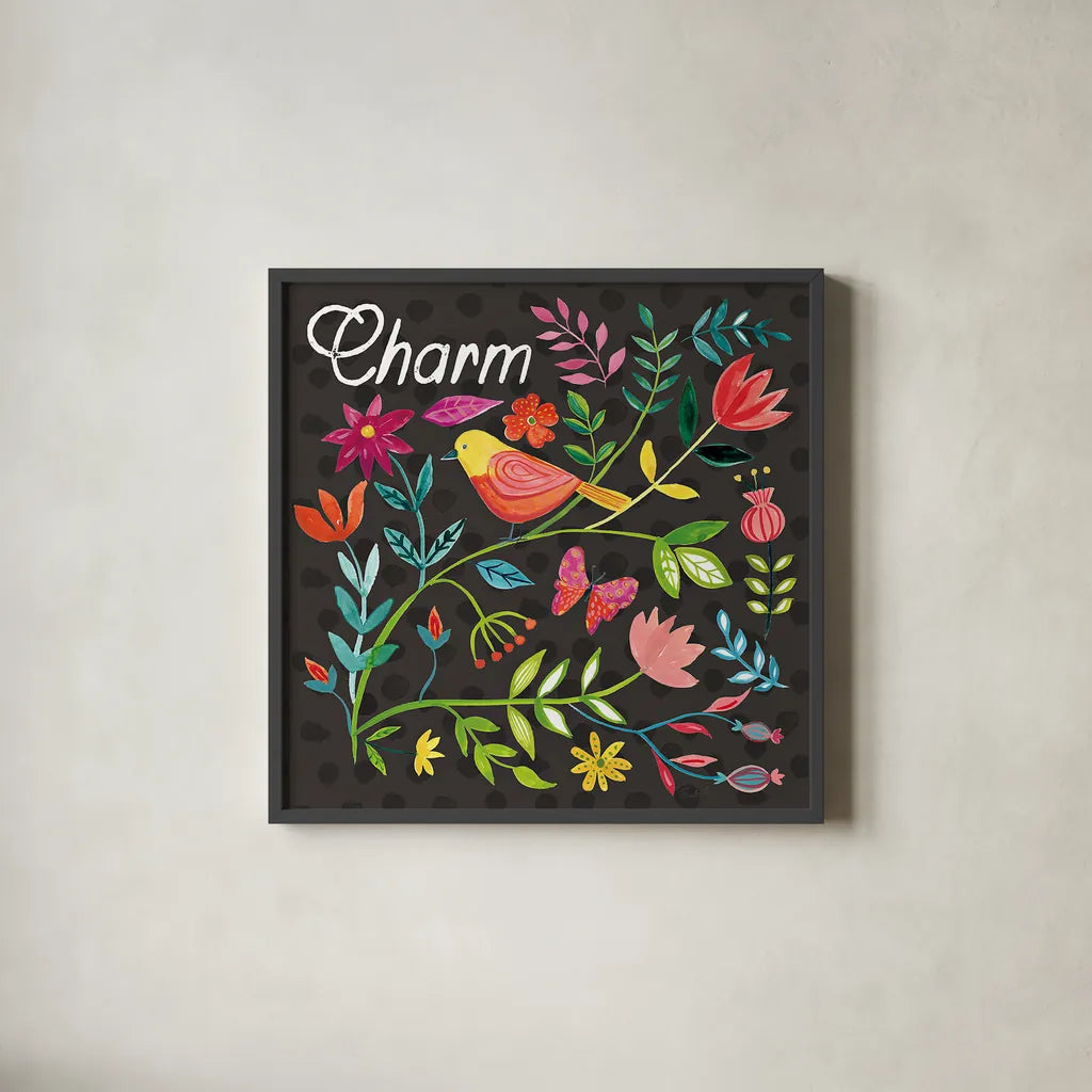 Budding Beauty V Dark by Farida Zaman. Shown in a sleek black glass frame for a contemporary gallery look. Available as an archival giclee rolled canvas, fine art paper, or poster print. SKU 53817a.