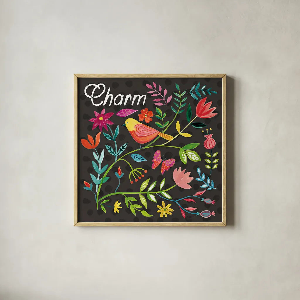 Budding Beauty V Dark by Farida Zaman. Shown in a natural wood glass frame for a timeless modern aesthetic. Available as an archival giclee rolled canvas, fine art paper, or poster print. SKU 53817a.