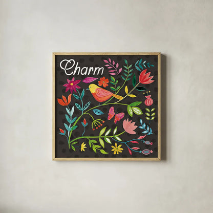 Budding Beauty V Dark by Farida Zaman. Shown in a natural wood glass frame for a timeless modern aesthetic. Available as an archival giclee rolled canvas, fine art paper, or poster print. SKU 53817a.