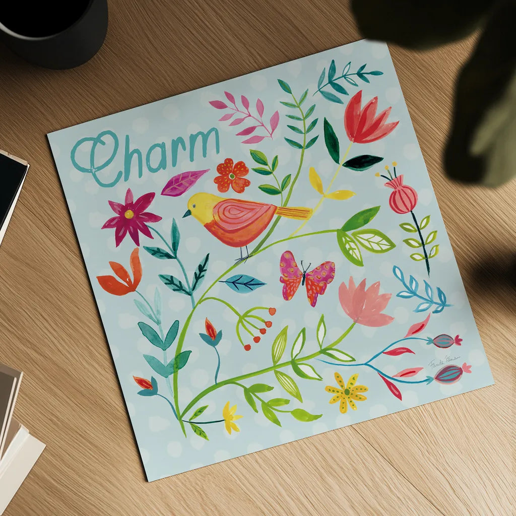 Budding Beauty V Light Blue by Farida Zaman. Shown as a detailed flat fine art print, highlighting archival giclee quality. Available as an archival giclee rolled canvas, fine art paper, or poster print. SKU 54298a.