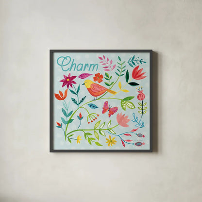 Budding Beauty V Light Blue by Farida Zaman. Shown in a sleek black glass frame for a contemporary gallery look. Available as an archival giclee rolled canvas, fine art paper, or poster print. SKU 54298a.