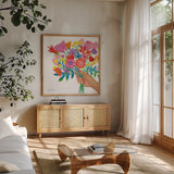 Bunch of Flowers by Farida Zaman. Shown in a natural wood frame in a cozy modern living room. Available as an archival giclee rolled canvas, fine art paper, or poster print. SKU 81826a.